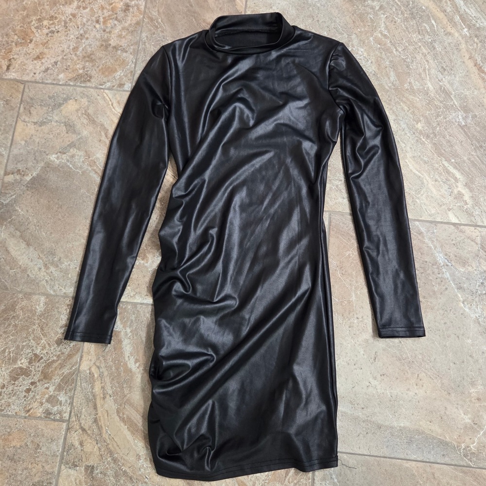 Black Faux Leather Mock Neck Ruched‎ Long Sleeve Bodycon Mini Dress Womens S